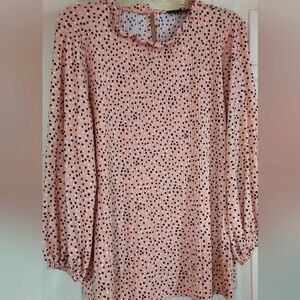 Adrianna Papell Blouse Blush Pink Black Polka Dots Peasant Cottage Ruffle XL